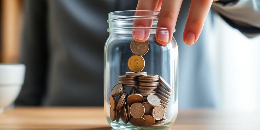Pessoa colocando moedas em um pote de vidro.