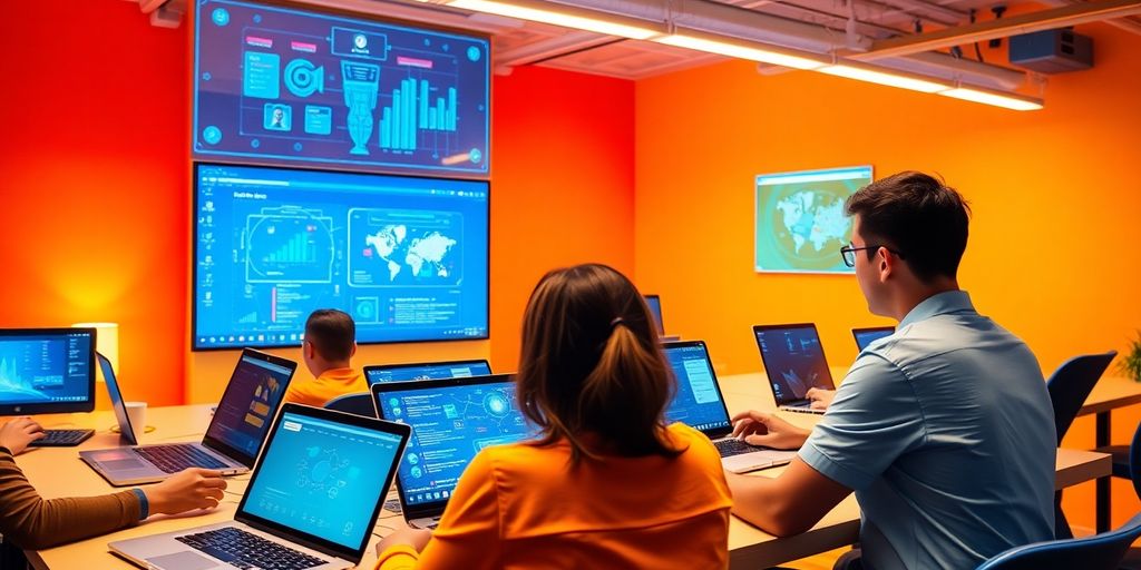 Students engaged in online blockchain training with laptops.