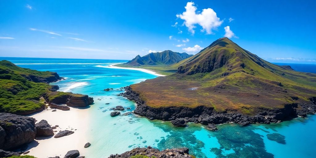 Turquoise waters lapping on a white sand beach with lush green volcanic peaks.