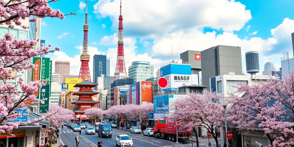 Tokyo skyline with cherry blossoms and busy streets.