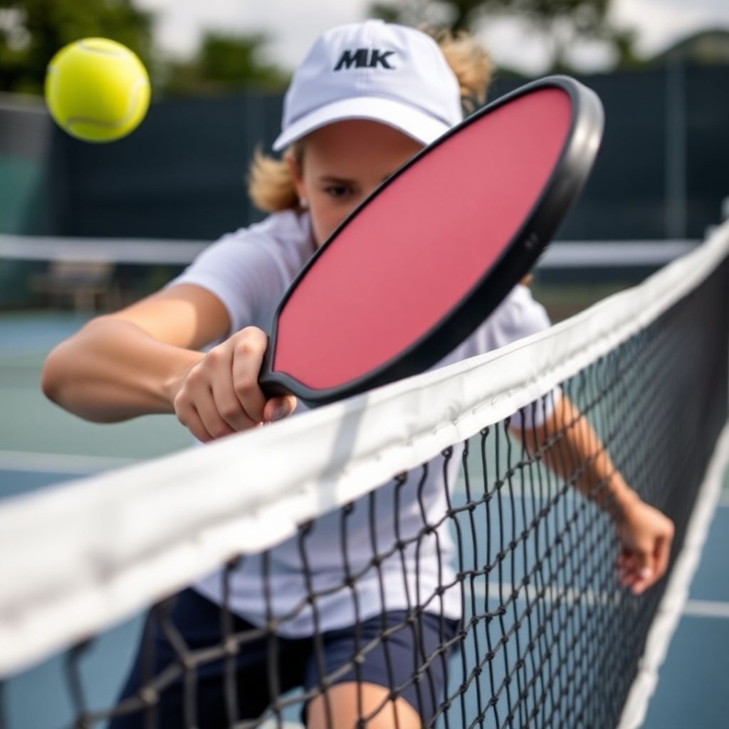 Pickleball player executing a volley at the net.
