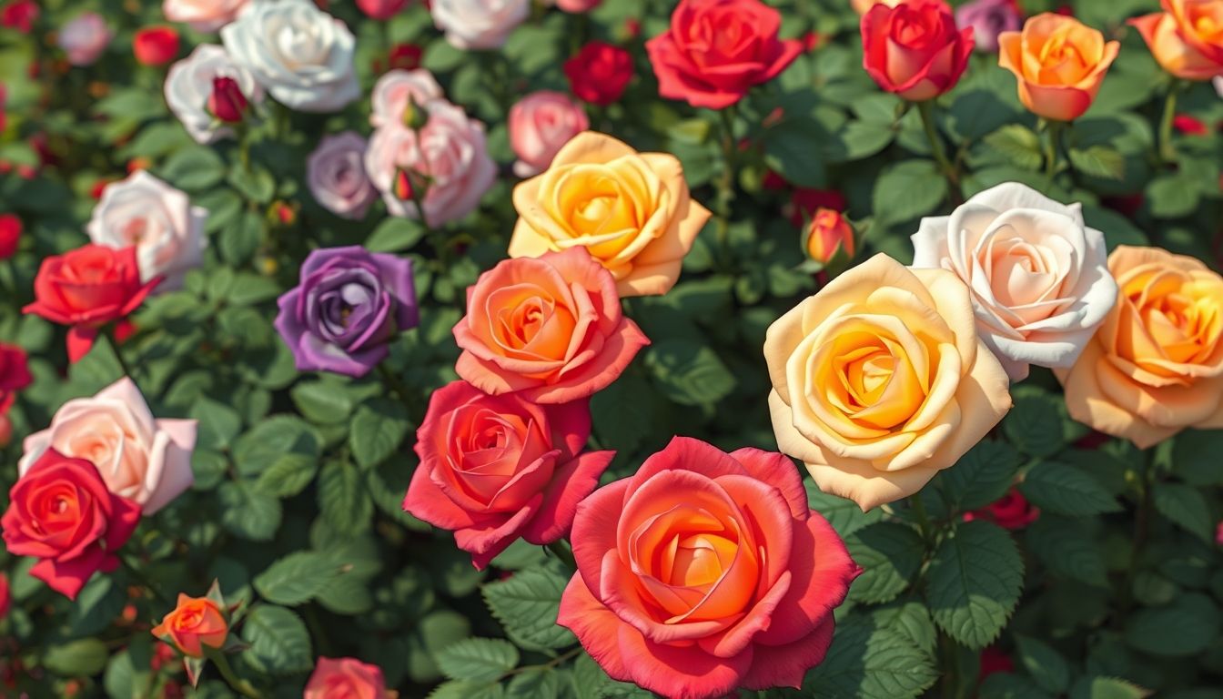 Illustrative rose garden with colorful blooming roses