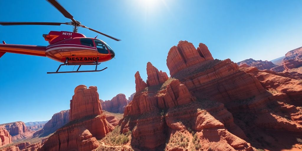 A helicopter flying over the red rock formations of Sedona.