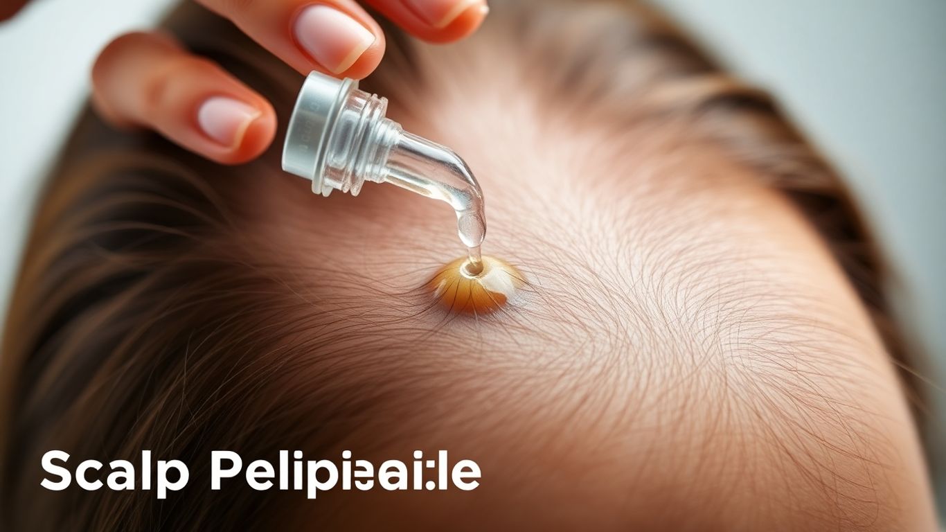 Dropper applying serum to healthy scalp with new hair.