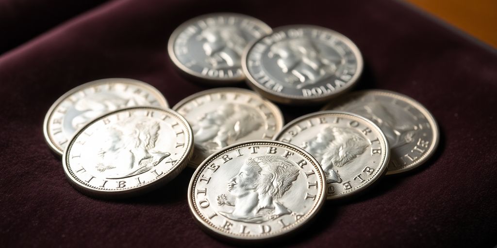 Close-up of rare silver dollars on dark velvet.