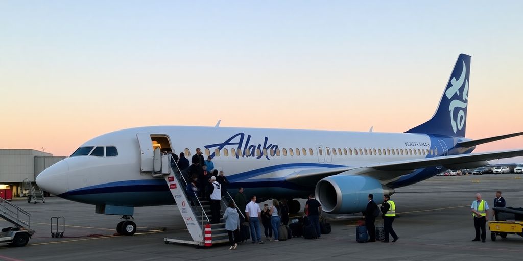 Alaska Airlines jet at gate with passengers boarding via stairs