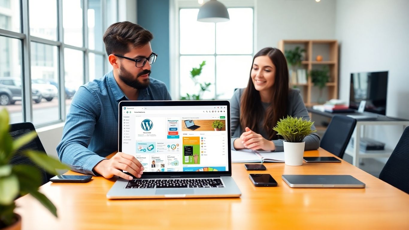 Two professionals reviewing WordPress website support on laptop