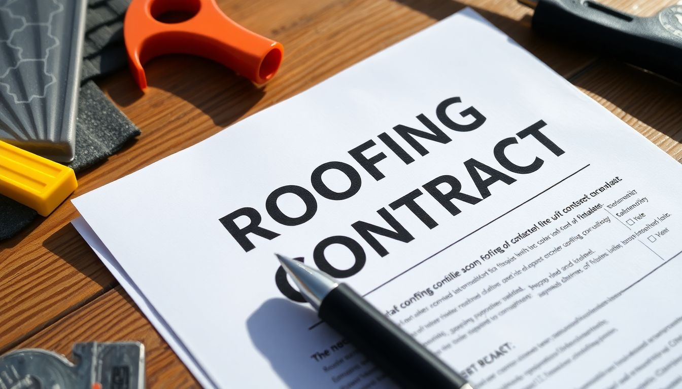 Close-up of a ROOFING CONTRACT with shingles and tools.