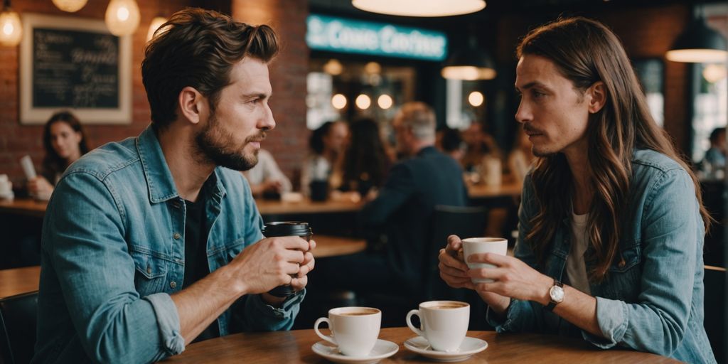 Couple talking about relationship boundaries at a cafe table.