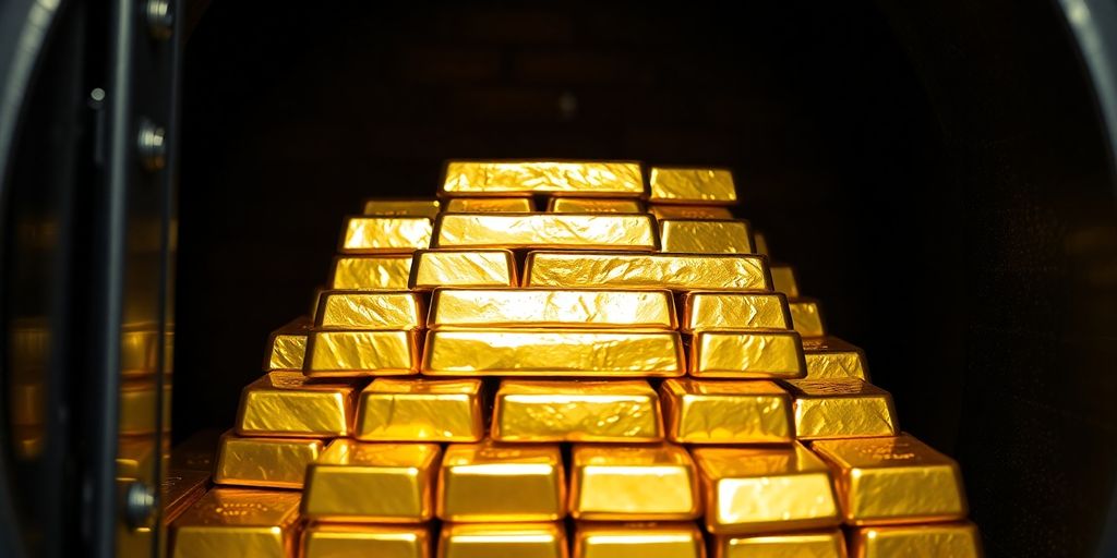 Lingots d'or brillants dans un coffre ouvert.