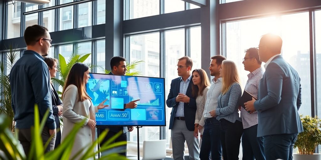 Diverse professionals collaborating with digital hiring tools.