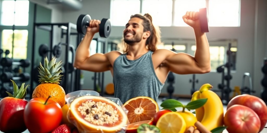 Person lifting weights with healthy snacks in the gym.