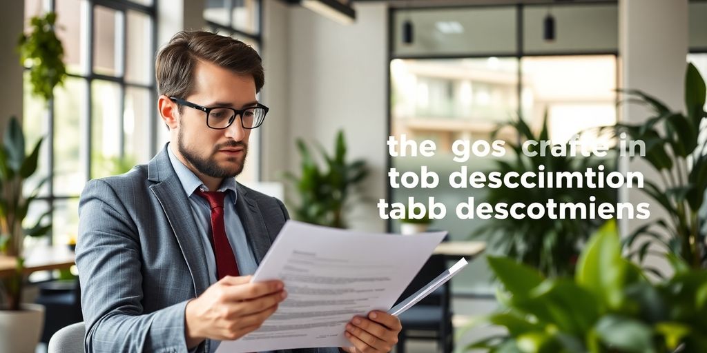 Hiring manager reviewing resumes in a bright office.