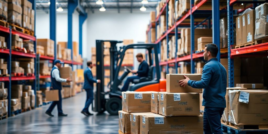 Just-in-Time Logistik: Ein Best-Practice-Beispiel zur Personaloptimierung Fließband mit Paketen, Gabelstapler im Hintergrund, blaue Akzente.