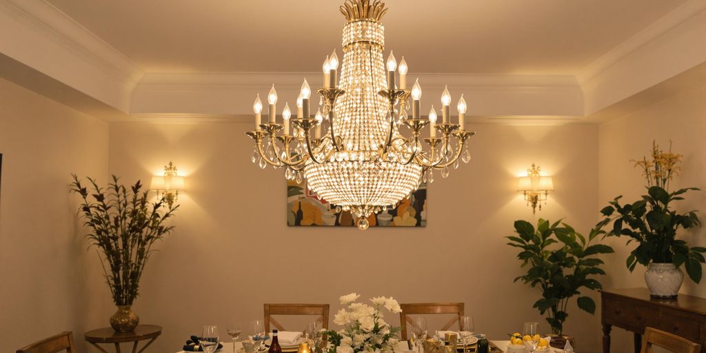 Elegant chandelier above a stylish dining table setting.