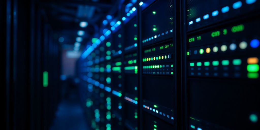 Secure server room with blinking network equipment and cables.