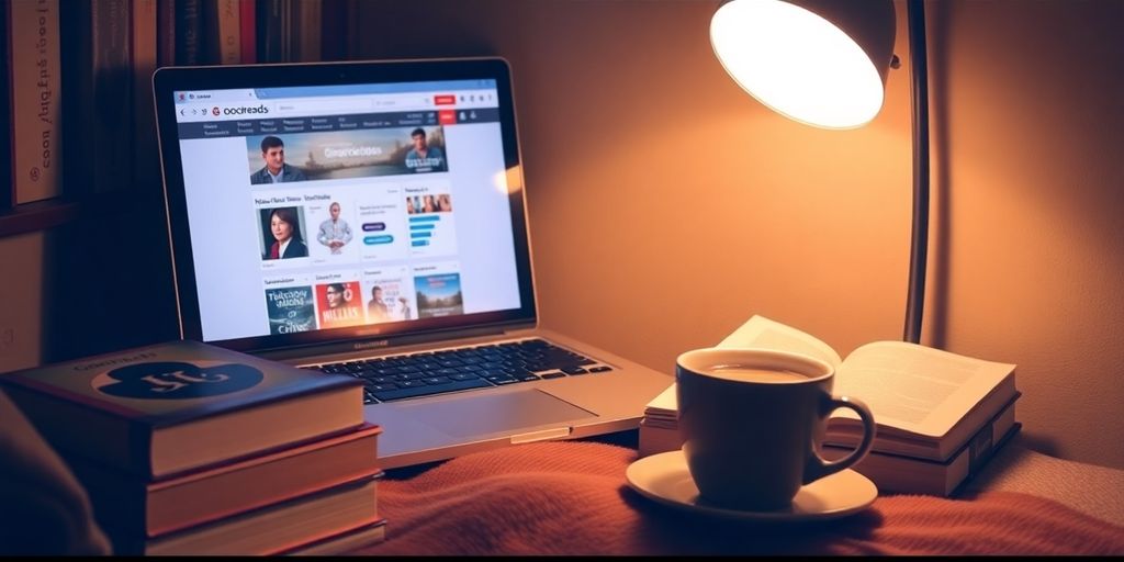 Reading nook with books and coffee, featuring Goodreads homepage.