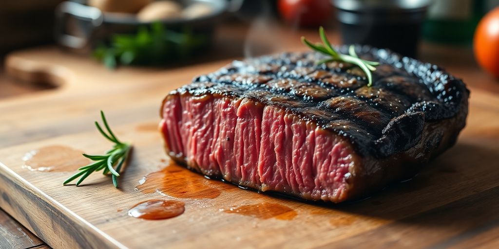 Close-up of cooked sirloin steak with rosemary on wooden board.
