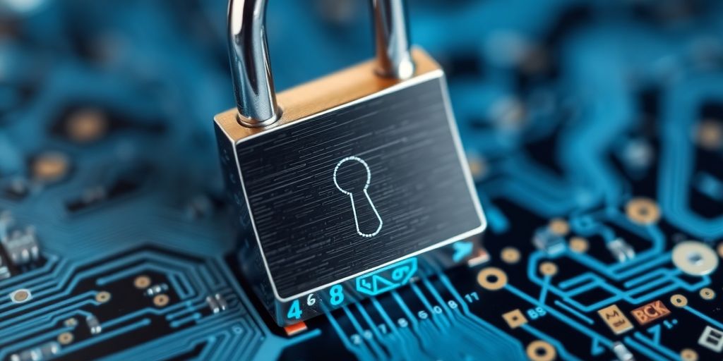 A digital lock on a circuit board for cybersecurity.