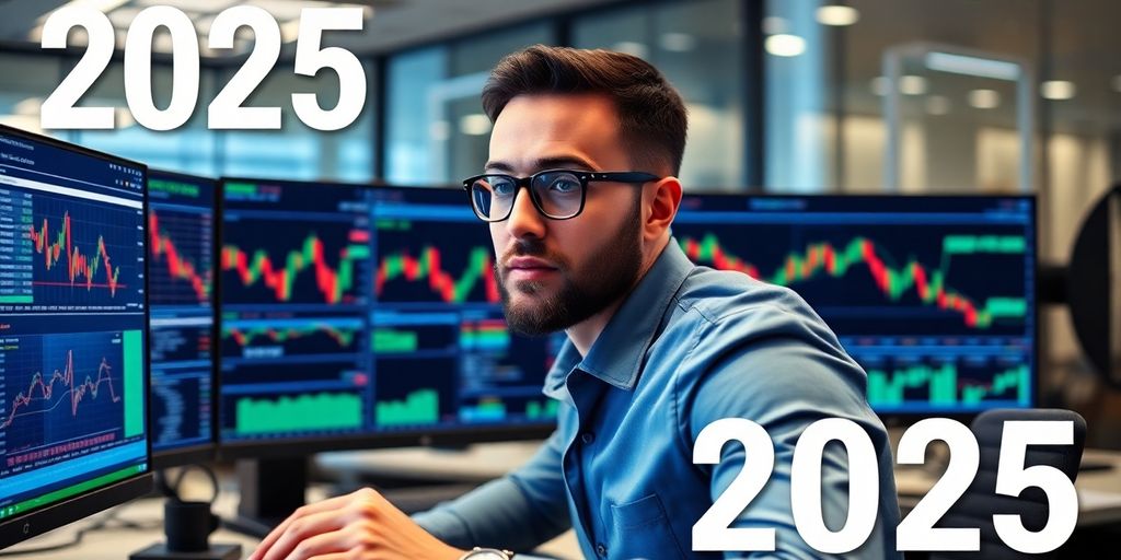 Best Crypto Prop Firms for 2025 For Trading Success 4 Trader analyzing cryptocurrency on multiple screens in office.