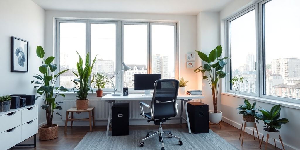 Modern home office with sleek furniture and bright lighting.