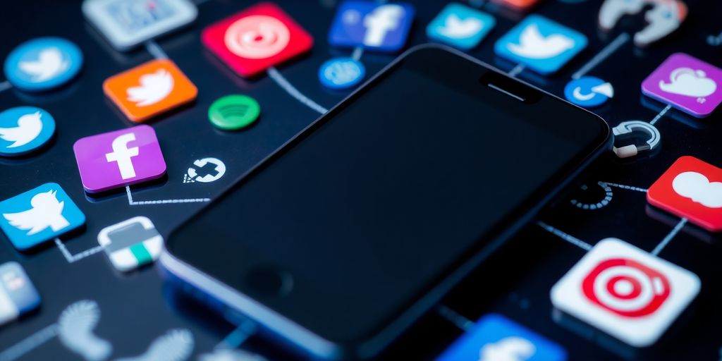 Smartphone with social media icons and digital footprints around it.