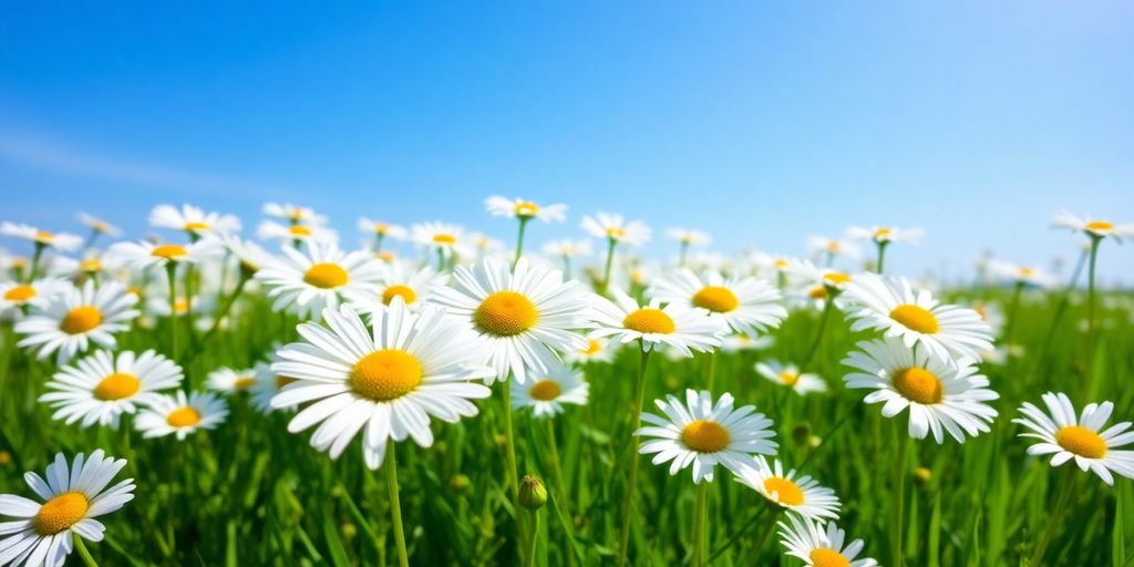 Field of blooming daisies under a clear blue sky.