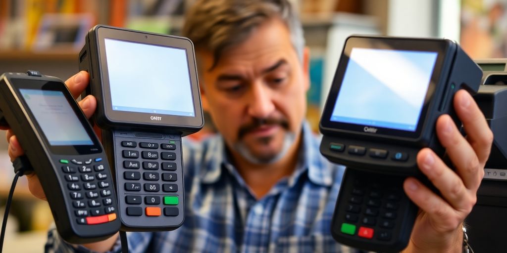 Business owner comparing payment terminal options.