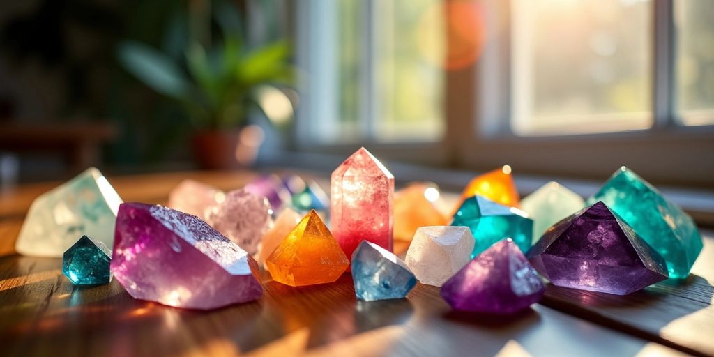 Cristalli colorati su un tavolo di legno