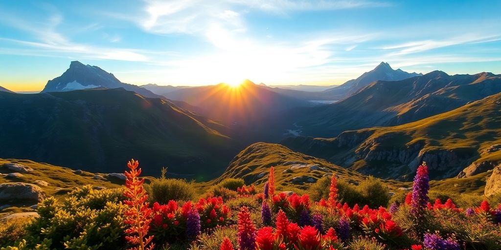 Patagonia mountains and greenery at sunrise during hike.