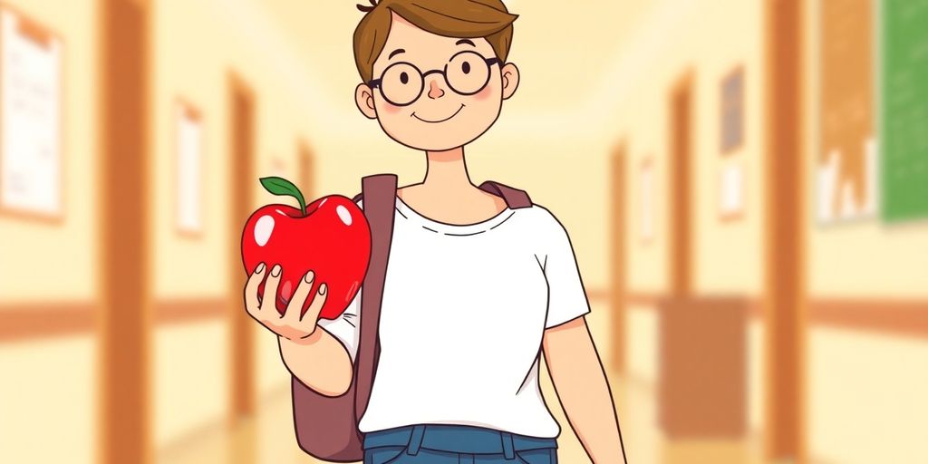 Substitute teacher with backpack, apple in hand.