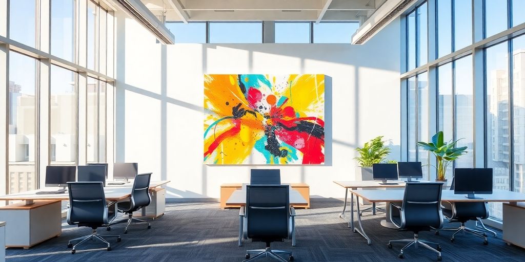 Modern office with vibrant abstract art.