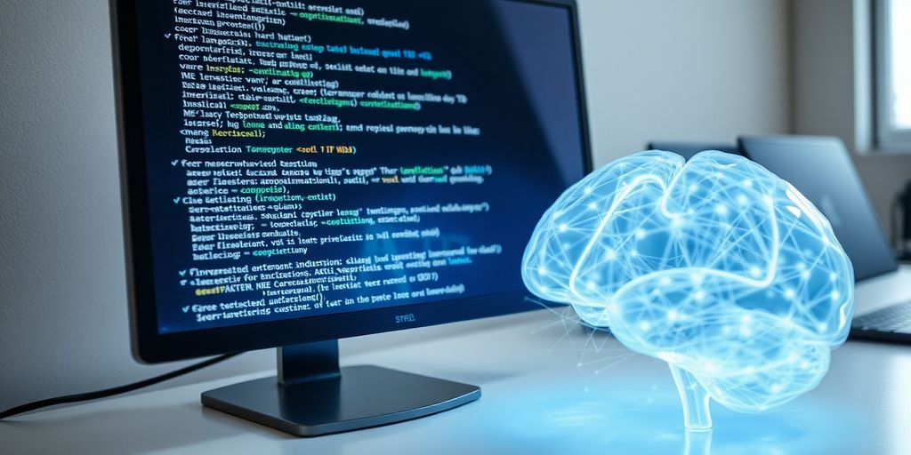 Python code on screen, brain model nearby