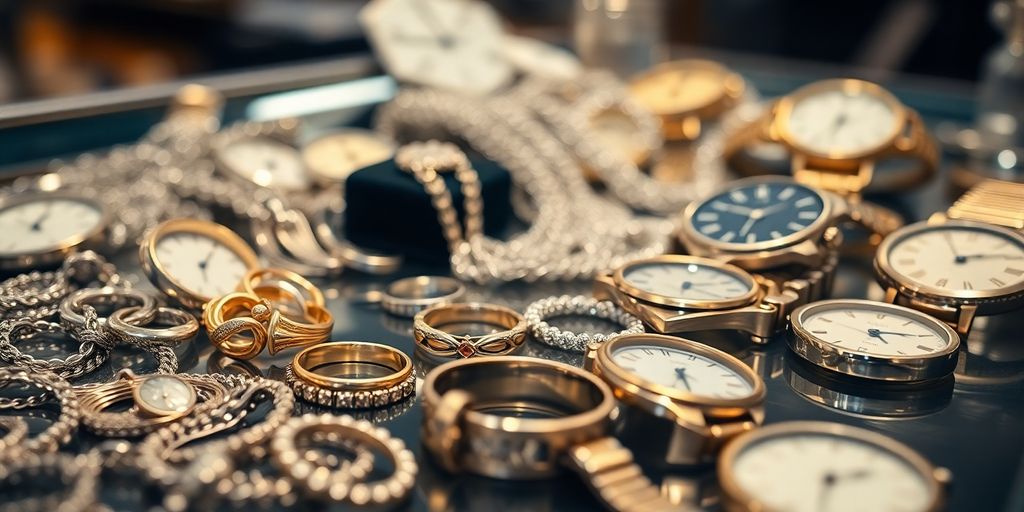 Bijoux, or et argenterie sur un comptoir
