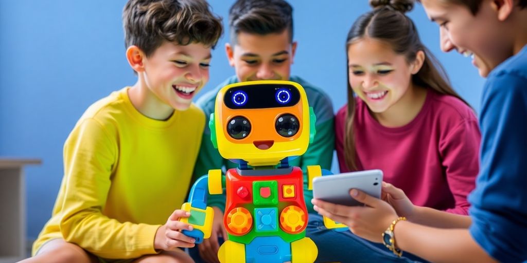 Teenagers coding with Educational Insights Artie Max toy.
