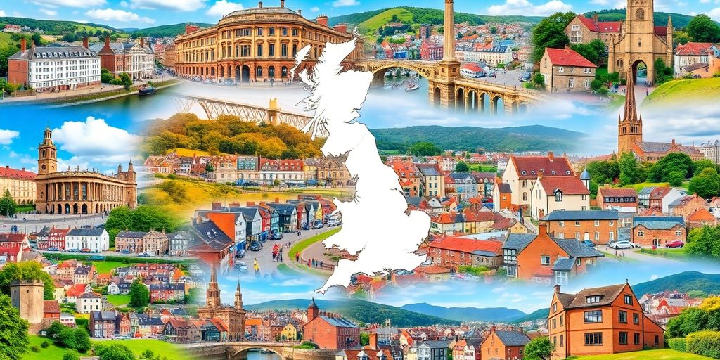 Collage of diverse UK towns with architectural styles.