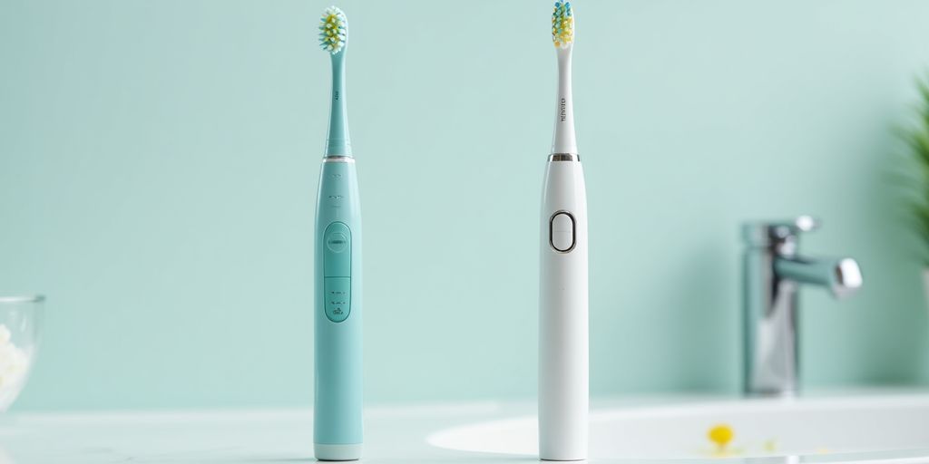 Zwei elektrische Zahnbürsten, eine Schall und eine rotierend.