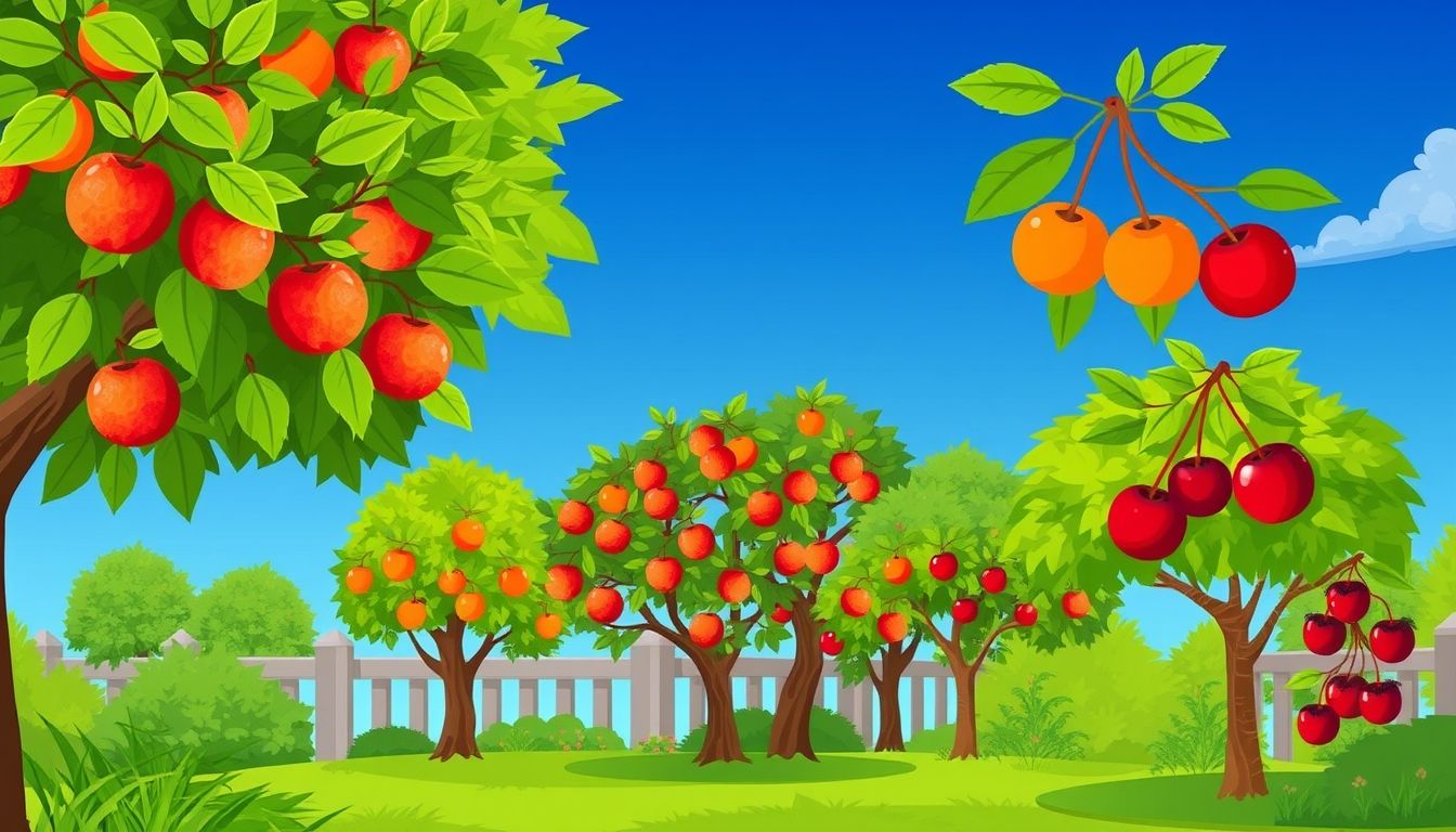 Lush backyard with various fruit trees bearing ripe fruits.