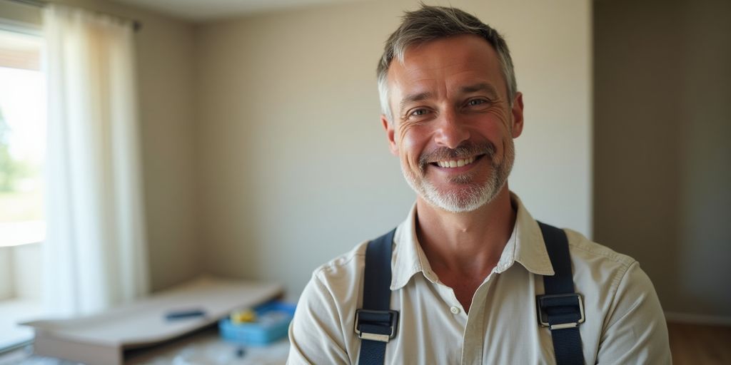 Happy homeowner in a water-damaged room.