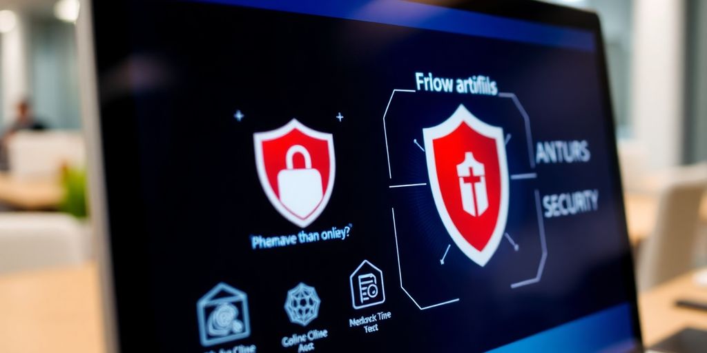 Computer screen showing antivirus software interface and security icons.