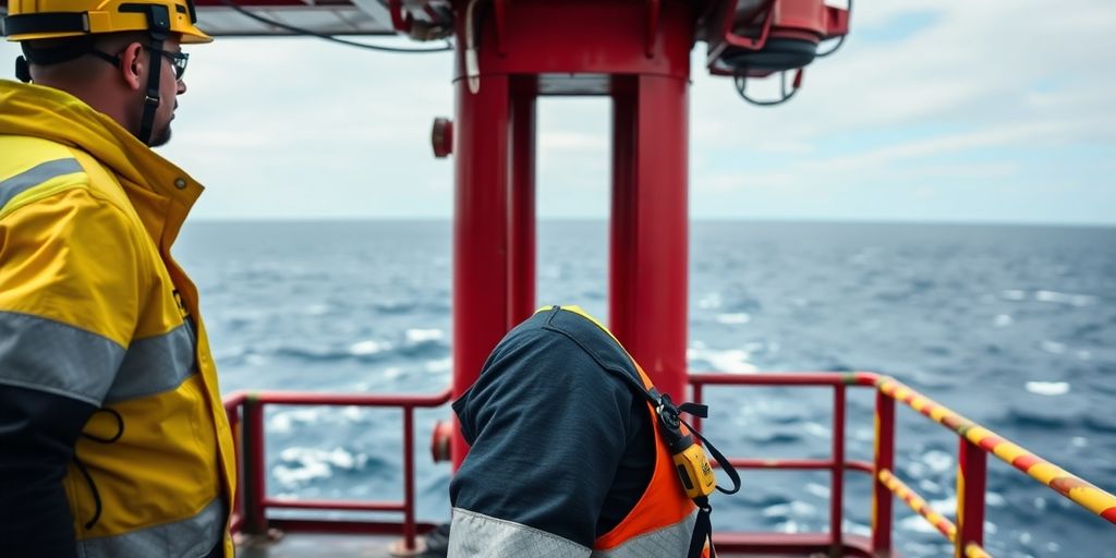 Maritime worker on an offshore platform by the ocean.