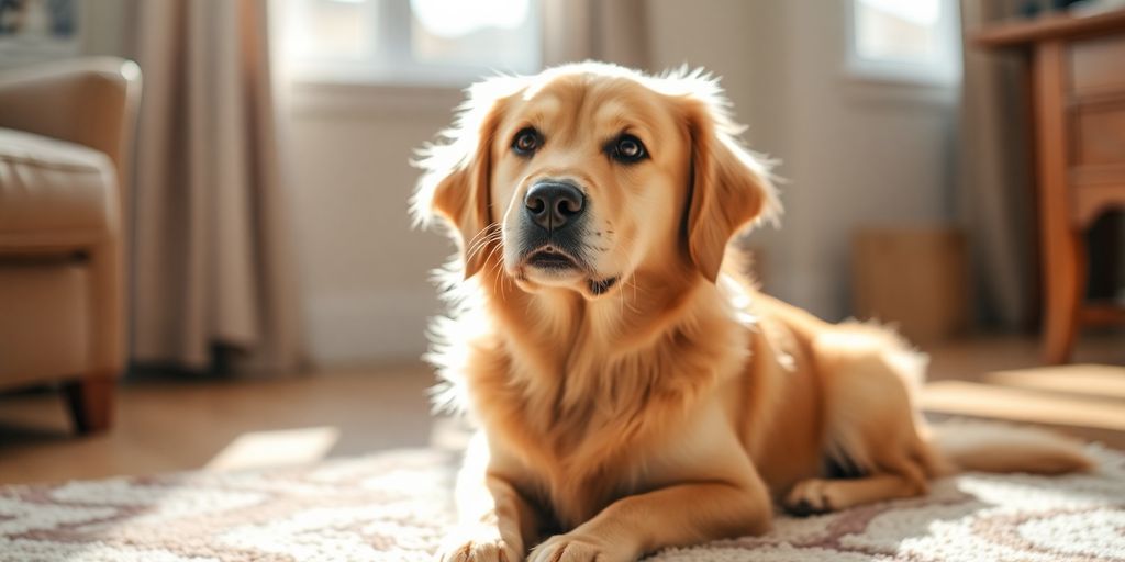 Golden retriever dog sitting on rug indoors