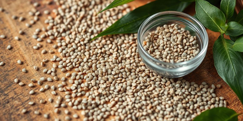 Chia seeds in a bowl with green leaves.