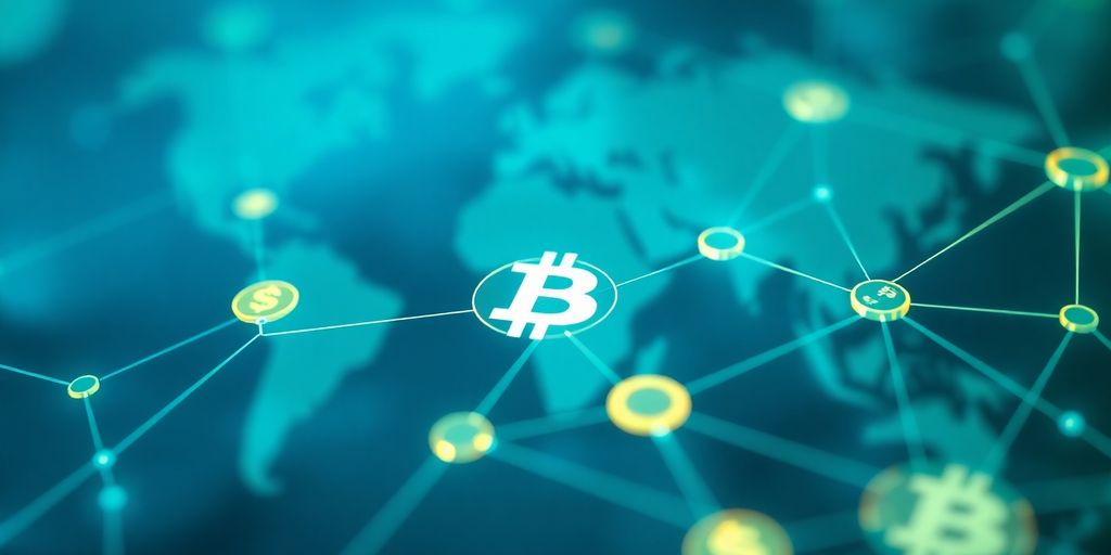 Glowing digital currencies connecting globally.