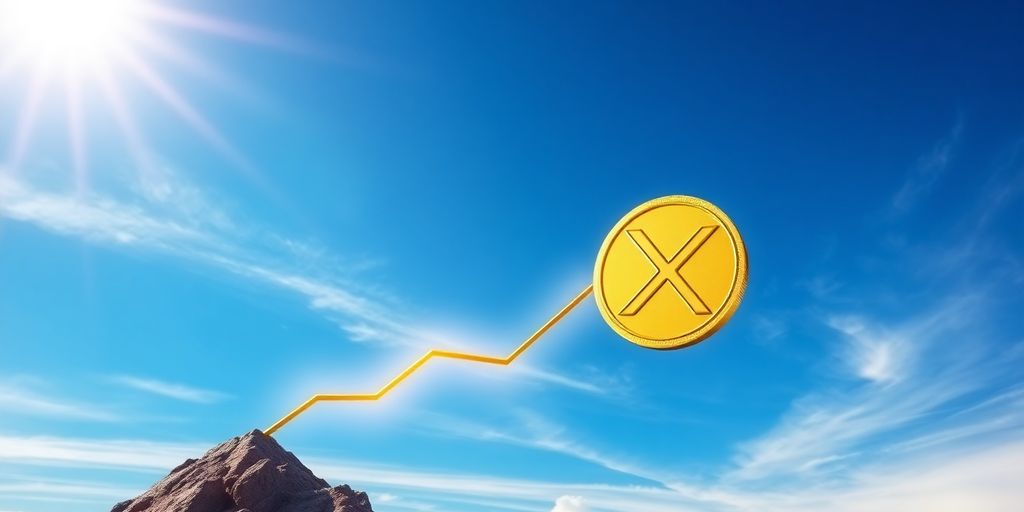 XRP coin soaring upwards against a bright blue sky.
