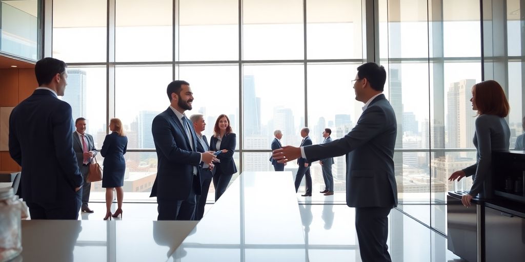 Business professionals shaking hands in a glass-walled Chicago office lobby