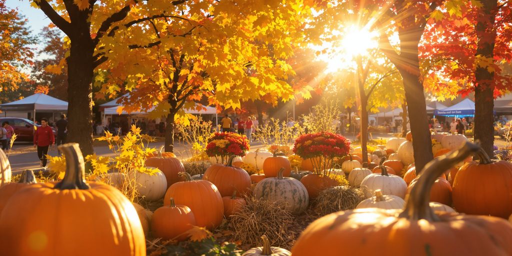 Autumn leaves, pumpkins, and festivalgoers enjoying outdoor activities.