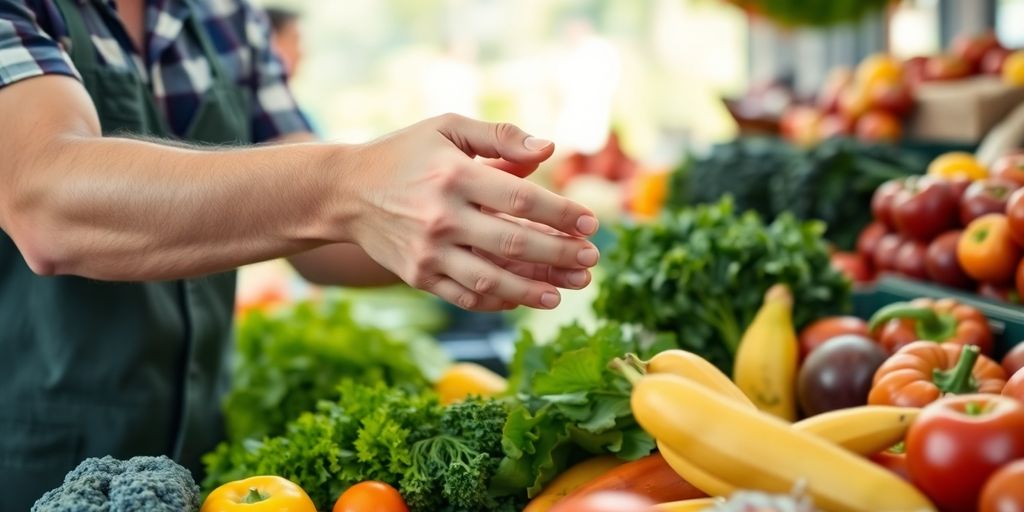 Un primeur souriant livrant des fruits et légumes frais.