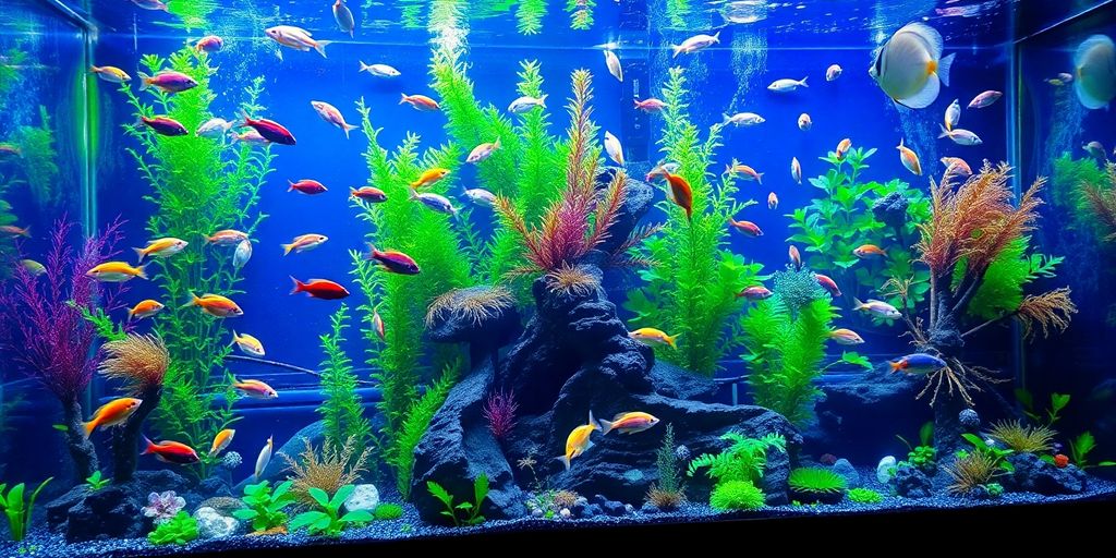 Large aquarium with colorful fish and aquatic plants.