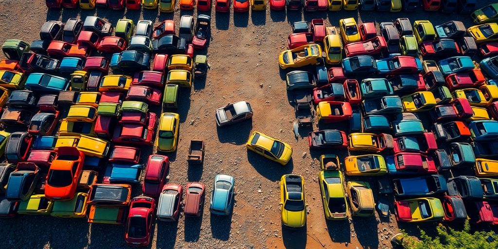 Compact car parts neatly arranged outdoors.